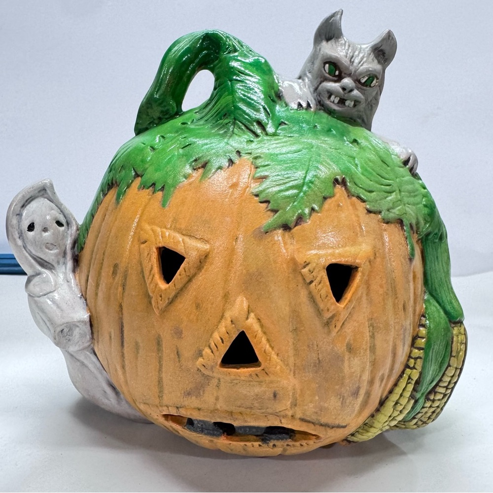 VTG Handmade Ceramic Pumpkin Jack O Lantern Ghost & Cat Signed 7” Tea Light